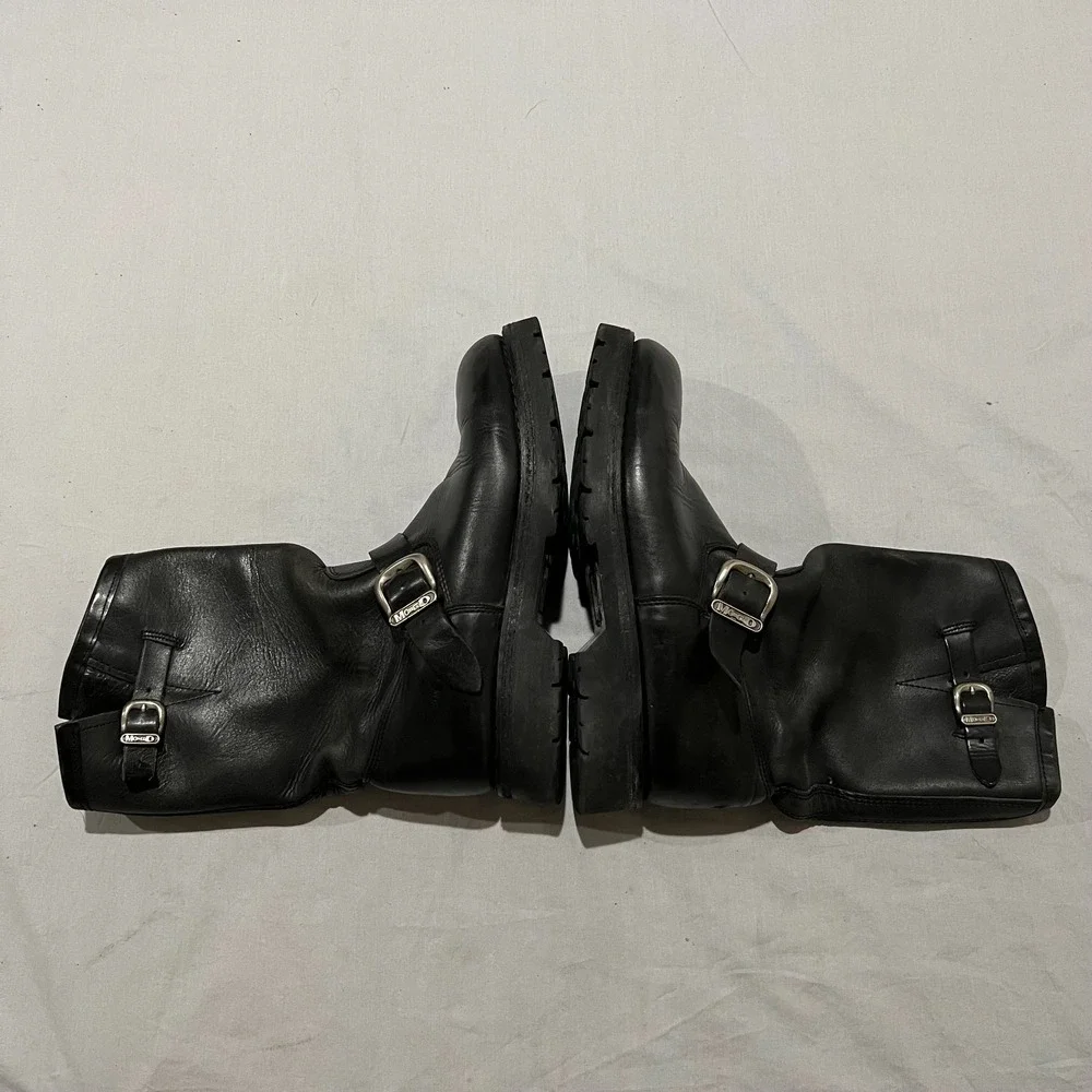 Moreno Mens Black Leather Biker Buckle Mid Calf Pull On Moto Boots Size 9 E